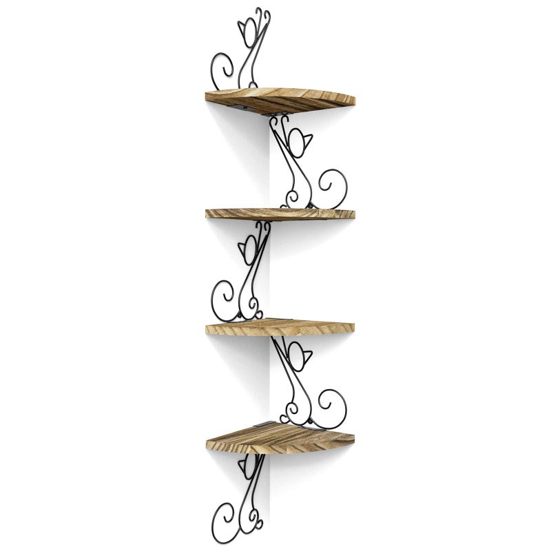 Alsonerbay Wall Mount Corner Shelves 4 Tier Floating Corner Storage Wood Shelves Decorative Rustic Radial Shelf in Cat Shape Carbonized Black - Image 1